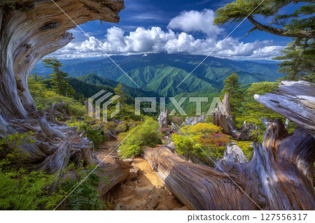 A female hiker navigates challenging terrain with logs in Pumalin National Park, Chile 127556317