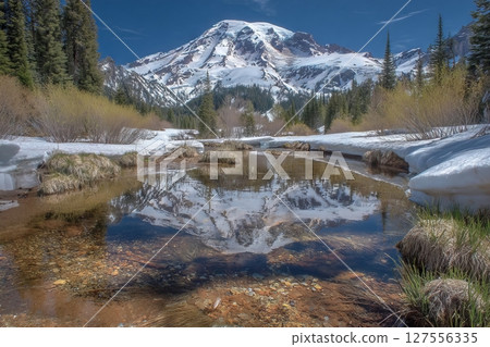 Mount Rainier and Reflection Lake are located in Mount Rainier National Park, Washington State, USA Mount Rainier and Reflection Lake are located in Mount Rainier National Park, Washington State, USA 127556335
