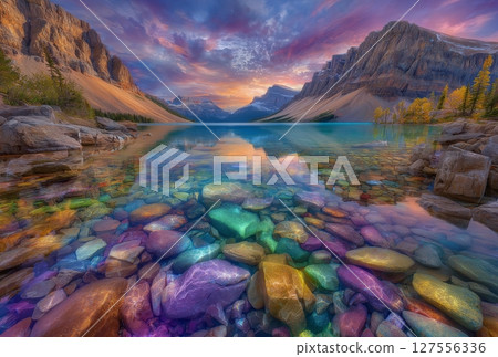 In Banff National Park, the Icefields Parkway features Bow Lake as a picturesque autumn setting 127556336