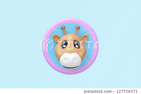 3d cute giraffe head in the circle label isolated on blue background. mascot, icon, character, logo cartoon style, 3d render illustration 127556571