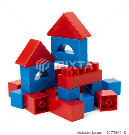 Blank Red and Blue Toy Blocks Mockup Isolated on White Background, Educational Toy Element for Kids, Games, and Learning Content 127556648