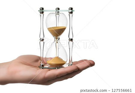 Hand holding an hourglass sand timer mockup isolated on white background, for time management visuals, motivational branding, or productivity content 127556661
