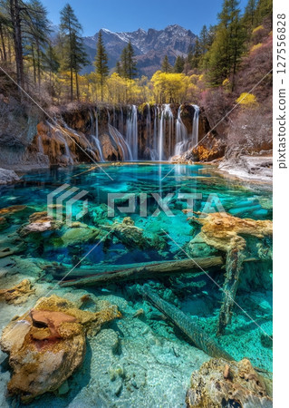 In Sichuan, China, Jiuzhaigou National Park features a picturesque view of a lake and waterfall with vibrant colors 127556828