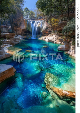 Scene of a vibrant lake and waterfall in Jiuzhaigou National Park, located in Sichuan, China 127556829