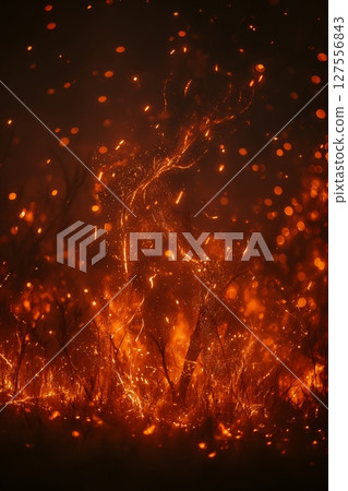 Dry grass is separated by the front line of the spreading forest fire 127556843