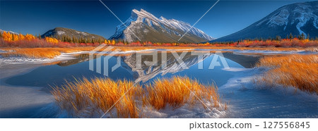 Vermilion lakes in Banff national park offer a panoramic view 127556845