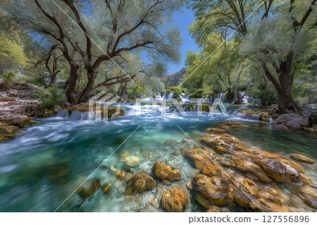 Krka National Park is home to the renowned Skradinski buk waterfall, which is one of Europe's most stunning and Croatia's largest, set amidst a breathtaking natural landscape 127556896