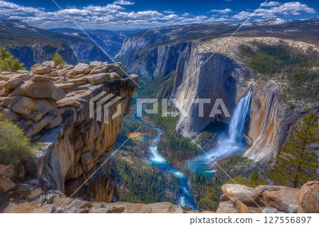 In Yosemite National Park, a hiker at Glacier Point enjoys a spectacular view of Yosemite Valley and the majestic Yosemite Falls, California, USA 127556897