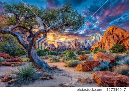 Clouds drift above the Snow Canyon state park located in St. George, Utah 127556947
