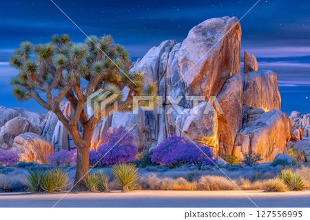 Joshua Tree National Park is home to Joshua Trees illuminated by the soft glow of the moon under starry skies 127556995