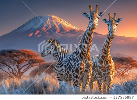 An African landscape in Hwange, Zimbabwe, includes a tree with giraffes and zebras nearby An African landscape in Hwange, Zimbabwe, includes a tree with giraffes and zebras nearby 127556997