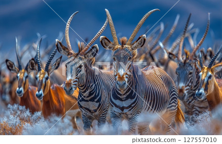 On the African plains of Etosha, a scene showcases eland, zebra, and impala 127557010