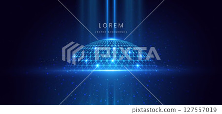 Scence futuristic glowing blue neon light ray with global decor on dark blue background. Scence futuristic glowing blue neon light ray with global decor on dark blue background. 127557019