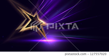 Golden star with purple lighting effect glowing on dark background and sparkle. Golden star with purple lighting effect glowing on dark background and sparkle. 127557020