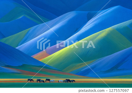 Equus ferus przewalskii, or Przewalski Horses, inhabit the meadow at Hustai National Park in Mongolia during the autumn months 127557097