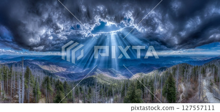 In the Great Smoky Mountains National Park, a location known as Wide-framed Wilderness, the view from Clingmans Dome is particularly scenic with picturesque copy space 127557111