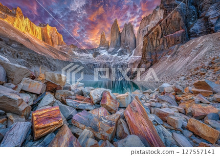At sunset, the towers of Torres del Paine National Park in Patagonia, Chile, overlook Laguna Torres At sunset, the towers of Torres del Paine National Park in Patagonia, Chile, overlook Laguna Torres 127557141