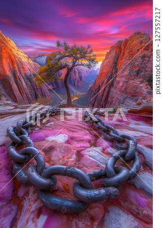 Chains and flat landings are features of the hiking trail that leads to Angels Landing 127557217