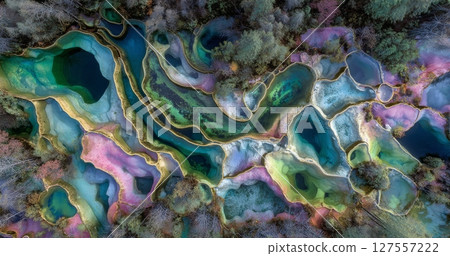The Huanglong National Park near Jiuzhaijou in SiChuan, China, features a stunning multi-colored pond 127557222