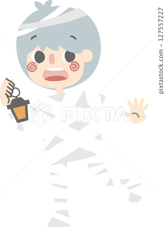 happy halloween holiday festival with boy wearing mummy costume holding pumpkin basket with candy, flat vector illustration cartoon character design 127557227