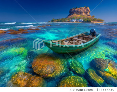 The scenery of Senanayake Samudraya Galoya National Park in Inginiyagala, Ampara, Sri Lanka, features a stunning lake mountain landscape with a solitary boat 127557239