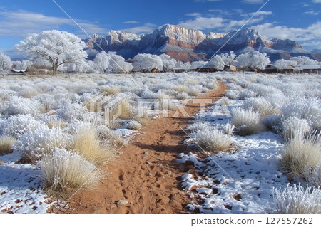 Angels Landing Hiking Trail is situated high above the Virgin River in Zion National Park in Utah USA during the winter 127557262