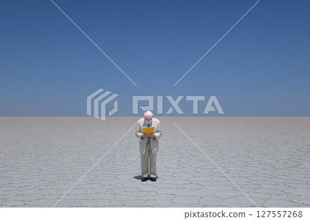 A man is standing alone in the vast desert playa at dawn in Black Rock Desert, Nevada 127557268
