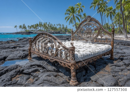 A large area of the south east Puna coast, including a school bus near Kaimu and highway 130, was overrun by basalt lava flows in 1988, Big Island, Hawaii 127557308