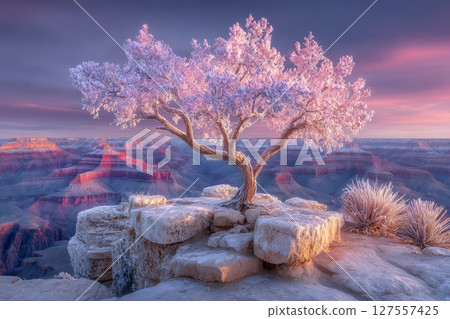 Observing the moon's descent beyond the Grand Canyon after being blanketed by snow 127557425