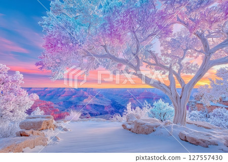 Gazing at the Grand Canyon with the moon setting in the background after a snow storm 127557430
