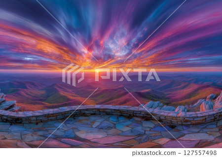 The view of sunset over the Blue Ridge Mountains can be seen from Skyline Drive, in She 127557498