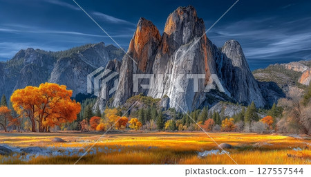 Yosemite Valley's panoramic landscape is located in Yosemite National Park, California, USA 127557544
