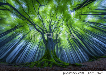 The Veluwe region in the Netherlands is home to a stunning green spring forest, complete with a walkway that meanders through a picturesque landscape of mighty deciduous trees, such as oak, beech, 127557625