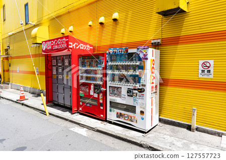 Vending machines and coin lockers behind Pachinko Grandpa Okubo, a clear summer day with a blue sky, Okubo, Shinjuku-ku, Tokyo Vending machines and coin lockers behind Pachinko Grandpa Okubo, a clear summer day with a blue sky, Okubo, Shinjuku-ku, Tokyo 127557723