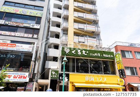 JR Shin-Okubo Station, East Exit, Korea Town, Myeongdong Cosmetics Shopping, Clear Summer Blue Sky, Okubo, Shinjuku Ward, Tokyo JR Shin-Okubo Station, East Exit, Korea Town, Myeongdong Cosmetics Shopping, Clear Summer Blue Sky, Okubo, Shinjuku Ward, Tokyo 127557735