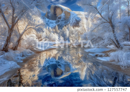 A winter visit to Yosemite National Park offers a beautiful reflection of Half Dome 127557747