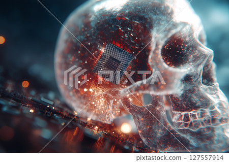 一個未來主義的骨架，將霓虹燈照亮的主機板電路與真實的人腦結合在一起 127557914