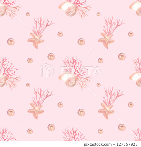 Watercolor seamless pattern with shells and pearls Watercolor seamless pattern with shells and pearls 127557925