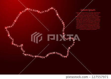 Romania map country along contour of recurring english red words name of state and glowing space stars  127557971