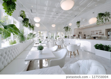 White cafe interior, cool atmosphere "AI generated image" 127558004