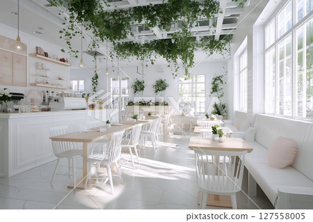 White cafe interior, cool atmosphere "AI generated image" 127558005
