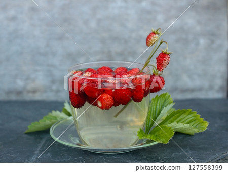 Herbal tea made from leaves of wild Alpine strawberries on the stone. 127558399
