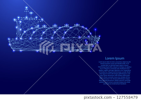 Gas carrier ship, vessel for transportation of liquefied petroleum gas LPG from futuristic polygonal blue lines and glowing stars for banner, poster, greeting card. Low poly concept. Vector illustrati Gas carrier ship, vessel for transportation of liquefied petroleum gas LPG from futuristic polygonal blue lines and glowing stars for banner, poster, greeting card. Low poly concept. Vector illustrati 127558479