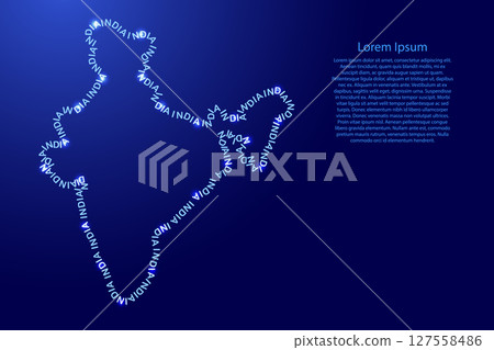 India map country along contour of recurring english blue words name of state and glowing space stars  127558486