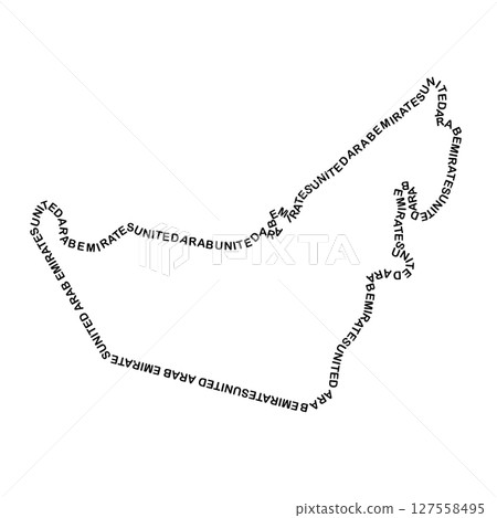 United Arab Emirates, UAE map country along contour of recurring english black words name of state 127558495
