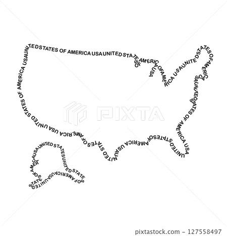 United States of America USA map country along contour of recurring english black words name of state United States of America USA map country along contour of recurring english black words name of state 127558497