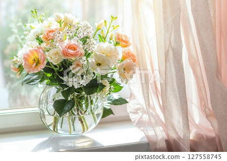 Pastel Floral Bouquet in Glass Vase with Soft Natural Light for Vintage 80s Aesthetic 127558745