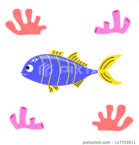 Cute blue tropical fish. Exotic fish with corals. Cute blue tropical fish. Exotic fish with corals. 127558811