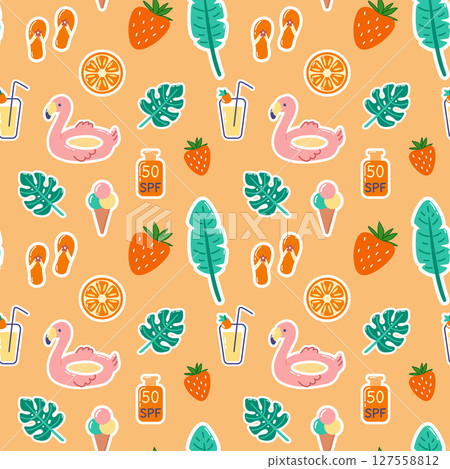 Seamless pattern with summer elements. Beach seamless pattern with cute stickers. 127558812