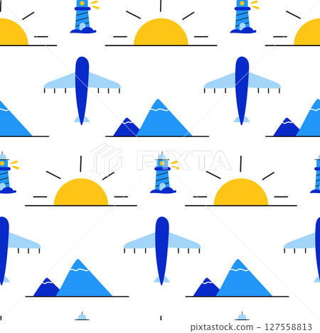 Travel seamless pattern with airplane, sun, mountains and lighthouse. Trip to the sea. Travel seamless pattern with airplane, sun, mountains and lighthouse. Trip to the sea. 127558813